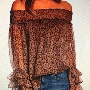 CeCe Off-The-Shoulder Long Sleeve Ruffle Cheetah